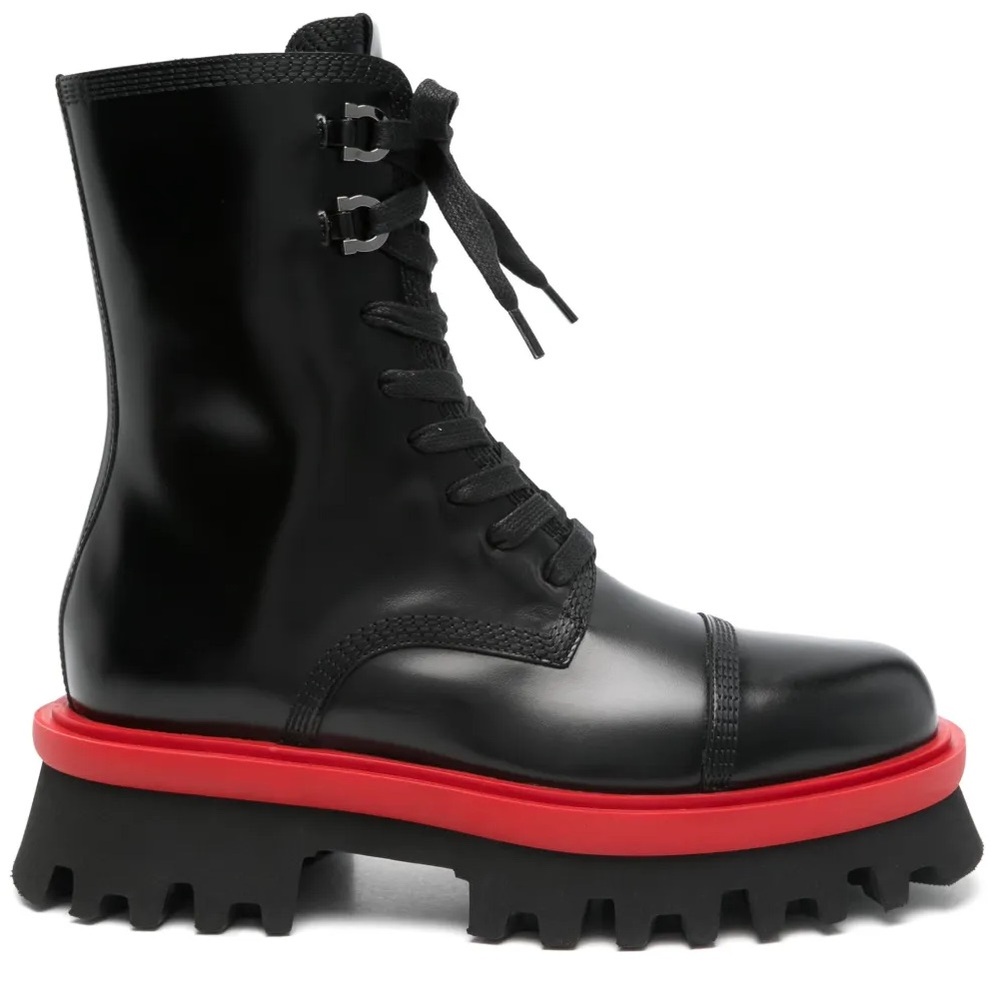Salvatore Ferragamo Red & Black Lug Combat Boots Size 8.5 NWB